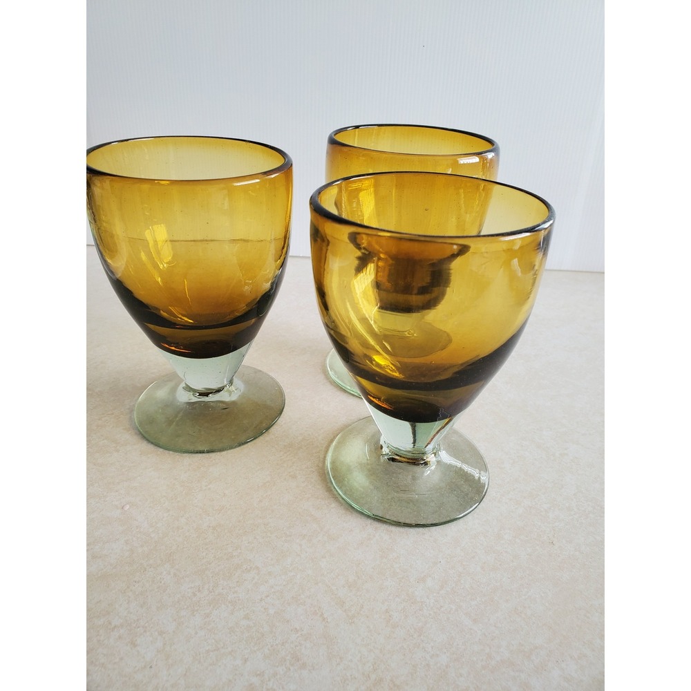 Artisan Goblets Hand Blown Glass Dark Amber Green Stem Vtg Drinkware Set of 3